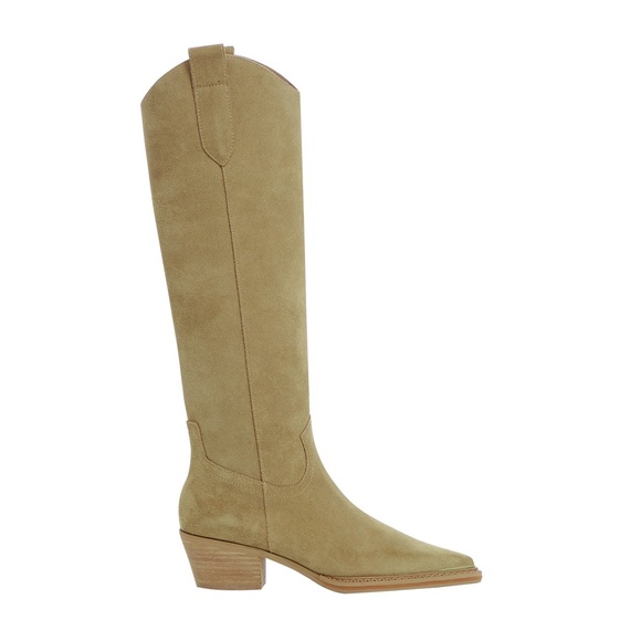 Grace Gift X Samantha Lin Leather V-Cut Western Block Heel Long Boots Beige 23.5 - Picture 6 of 16